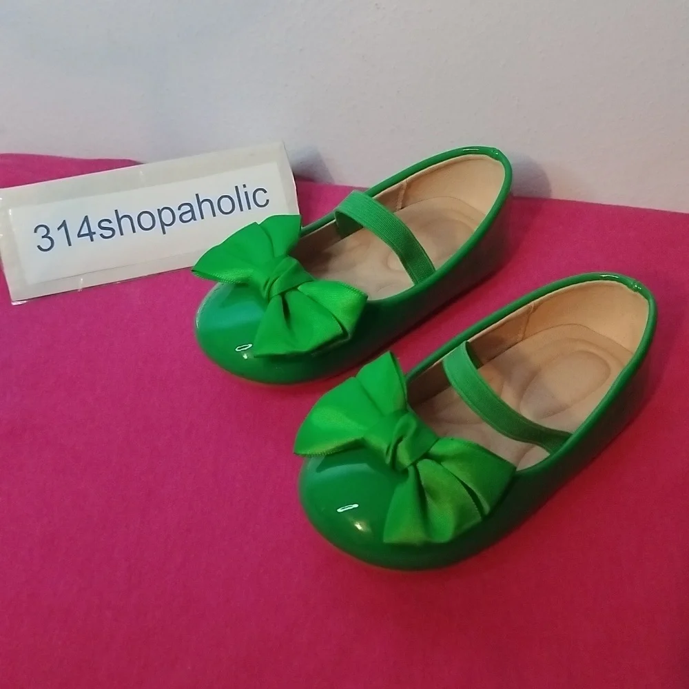 Toddler Girls Green Patent Leather Shoes With Bow